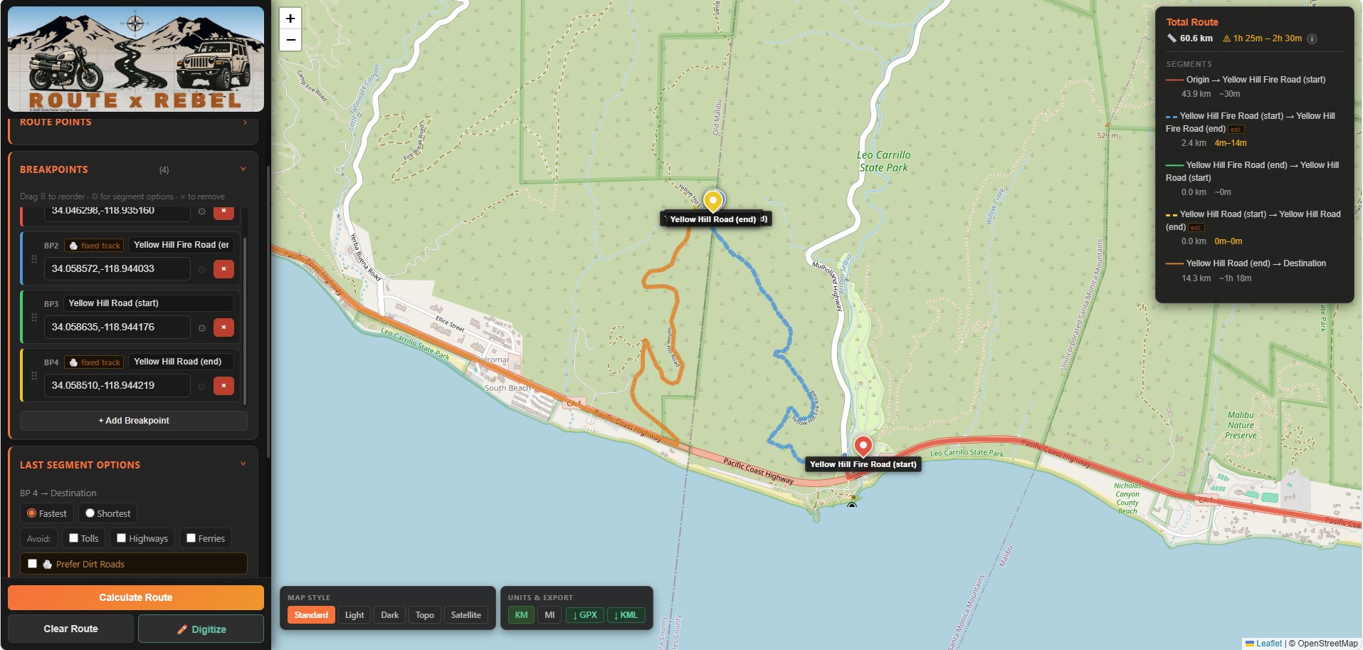 Route with dirt road sidetrack